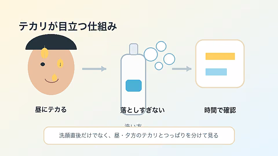 テカリ対策は皮脂を強く落とすだけでなく、時間帯と洗い方で見直します。