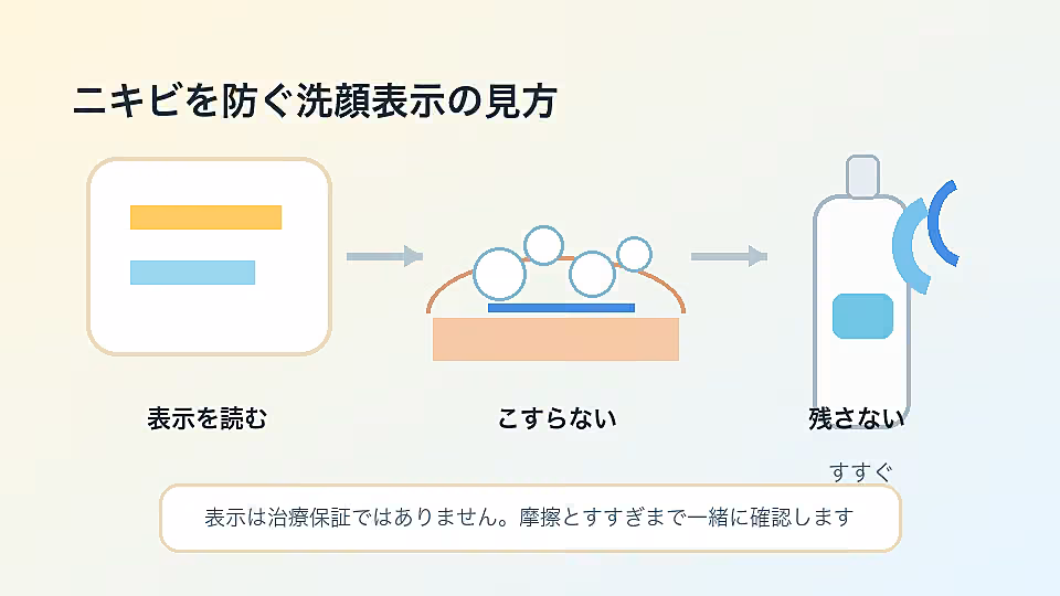 ニキビを防ぐ表示は治療保証ではなく、洗い方と使用感も一緒に確認します。